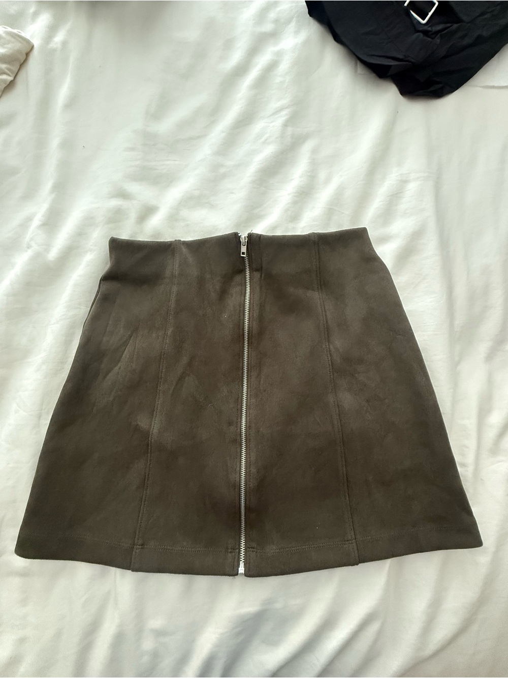 Fashion Nova Olive Suede Front-Zip A-Line Mini Skirt